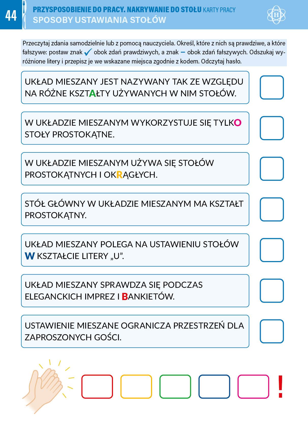 Przysposobienie do pracy. Nakrywanie do stołu. Karty pracy